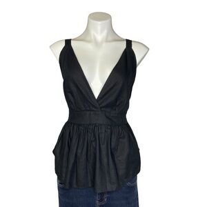 FREE PEOPLE Benji Tank Top Plunge Linen Blend Peplum Black Size 12